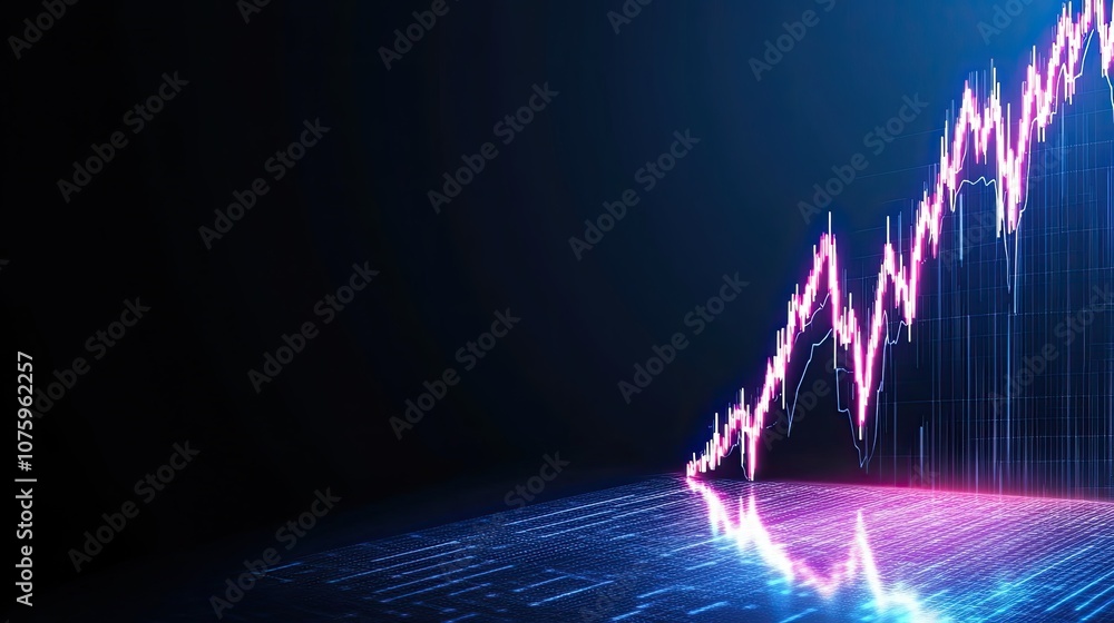 Poster futuristic stock market graph displaying positive trend with neon effects and digital elements refle