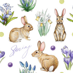 Easter bunny decorative seamless pattern. Watercolor illustration. Hand drawn cute bunnies, primrose flowers. Easter festive decor with rabbits and greens on white background