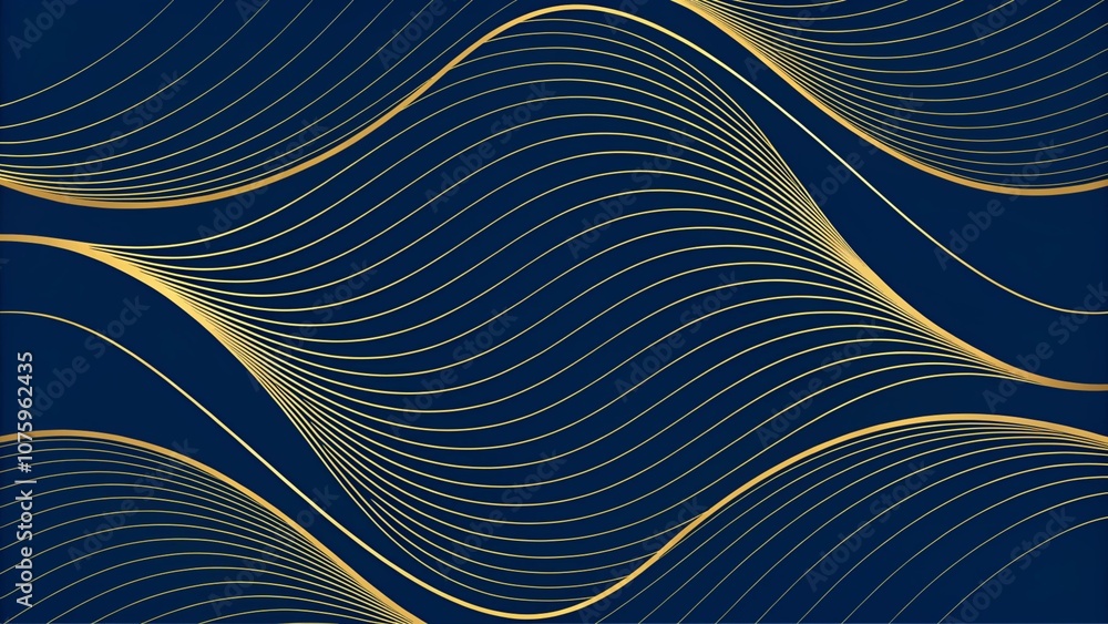 Poster abstract fluid wavy shape on dark navy blue background, golden lines decorate. luxury layered curve 