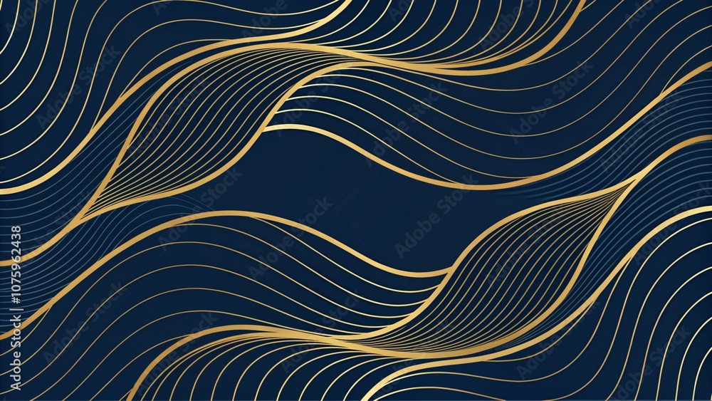 Poster Abstract fluid wavy shape on dark navy blue background, Golden lines decorate. Luxury layered curve pattern design. Elegant and luxurious design with smooth golden lines flowing on abstract background