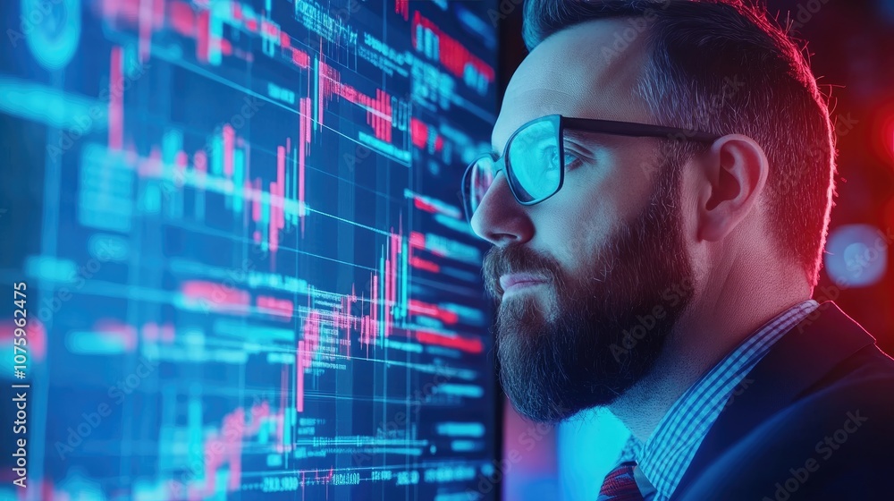 Poster focused businessman analyzing stock market trends on a digital screen with colorful data visualizati