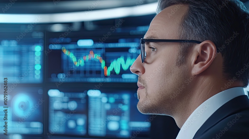 Poster professional man analyzing financial data trends on multiple digital screens in a modern office envi