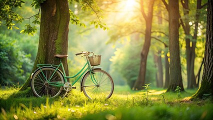 Fototapeta premium A delightful light green vintage bicycle rests amid a serene forest, showcased through tilt-shift photography, ideal for nature lovers and those with a passion for adventure.