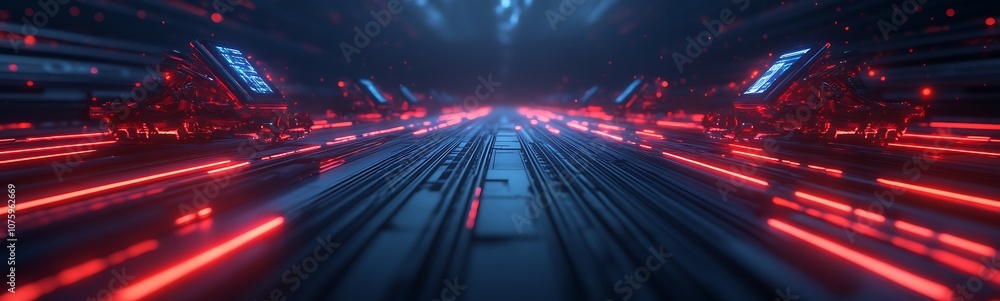 Poster a futuristic, digital scene featuring glowing red and blue lights on a dark path, suggesting a high-