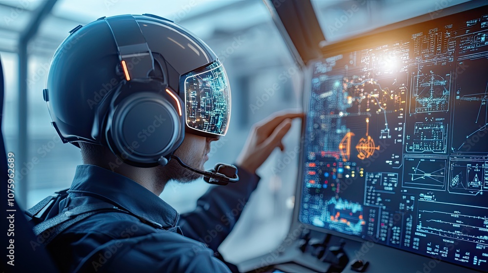 Poster futuristic operator wearing advanced virtual reality headgear engaged with high-tech data interface 