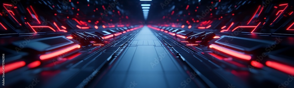 Poster a futuristic corridor with glowing red accents leads into the distance, creating a sci-fi vibe with 