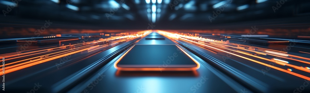 Poster a futuristic scene featuring a smartphone on a sleek surface, surrounded by glowing light trails, su