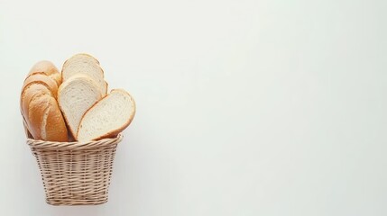 Freshly Baked Bread in a Woven Basket Showcasing Slices of Soft, Delicious Loaf on a Clean White Background Ideal for Culinary and Restaurant Themes