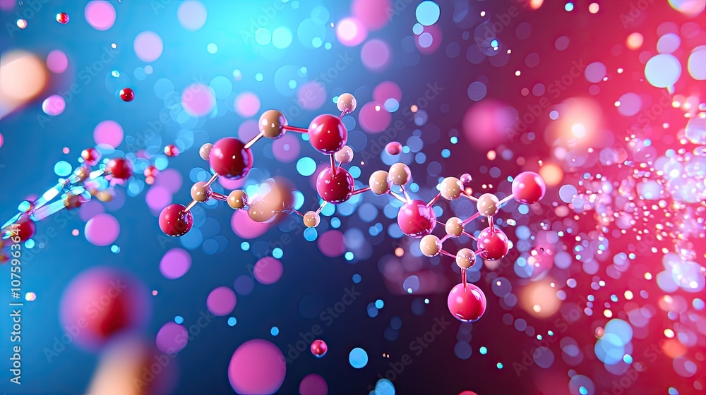 Poster abstract molecular structure with colorful spheres and light effects on a blue and red background, r