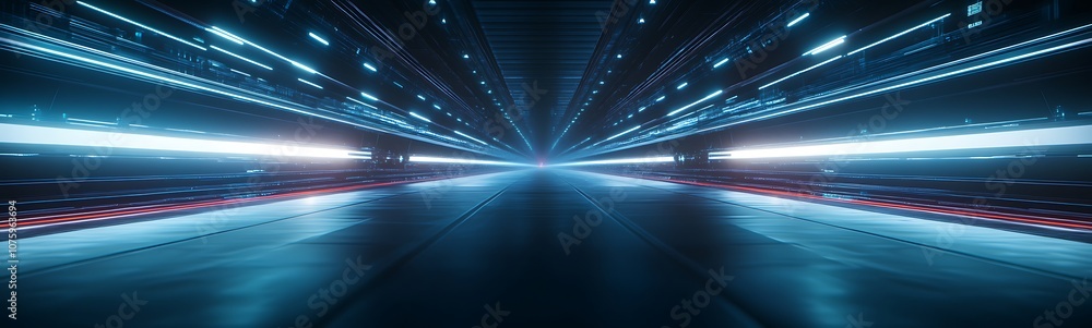 Poster a futuristic tunnel with vibrant blue and white lights creating a sense of motion and depth, evoking