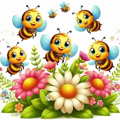 Happy Bees Bees with smiling faces buzzing around flowers