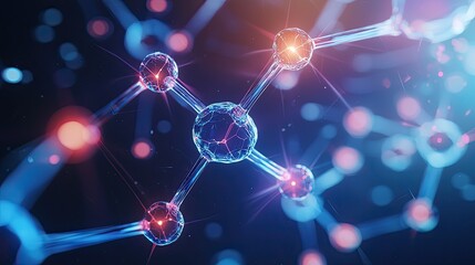 Futuristic Molecular Structure with Glowing Connections and Digital Effects, Representing Science and Technology Concepts in a Vibrant and Abstract Visual Composition