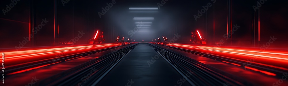 Aufkleber a dimly lit corridor features vivid red lights, creating a futuristic atmosphere that evokes a sense