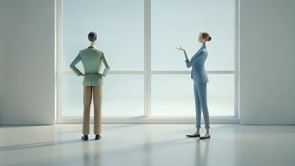 Fototapeta premium Two Cartoon Figures in Suits Stand by a Window