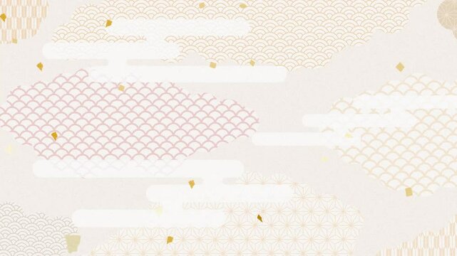 Japanese pattern background for New Year's design. Animation of gold patterns and confetti. Loopable video. (133)