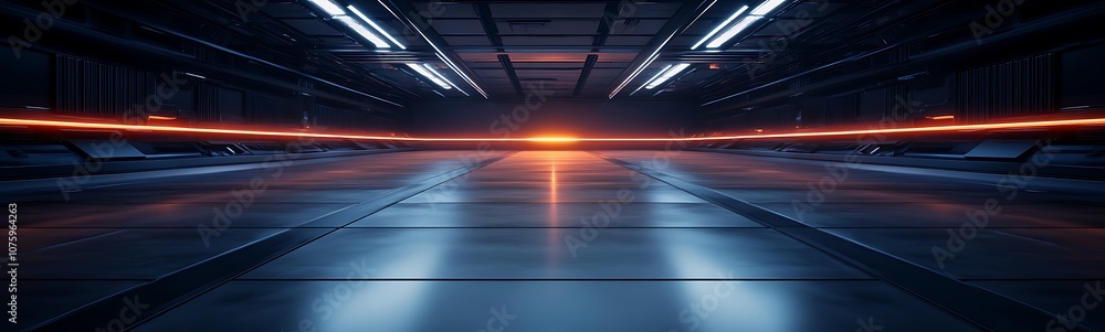 Poster A futuristic, dimly-lit hallway with glowing lights, creating a tech-inspired atmosphere, ideal for a sci-fi setting.