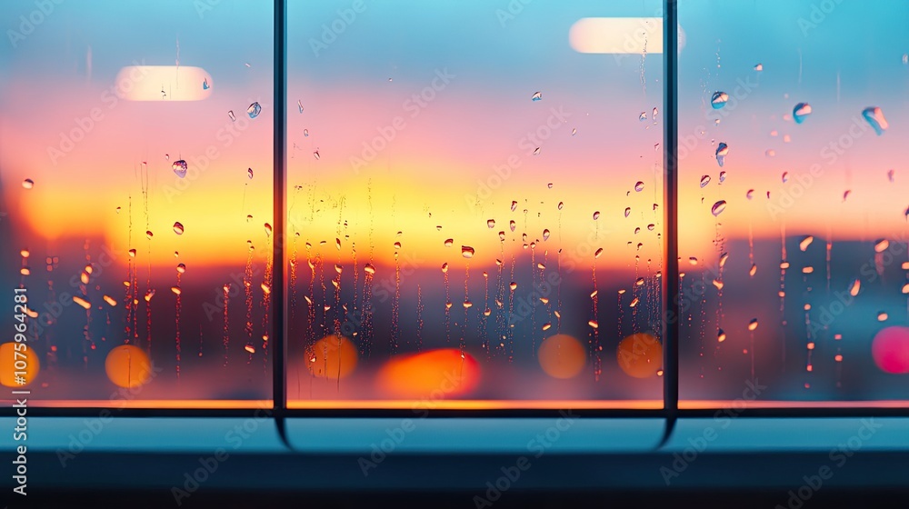 Poster stunning view of sunset with raindrops on windowpane creating a beautiful blend of colors and mood d