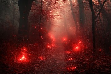 Mystical forest path with red glow. Perfect for fantasy, fairytale, or magical themes.