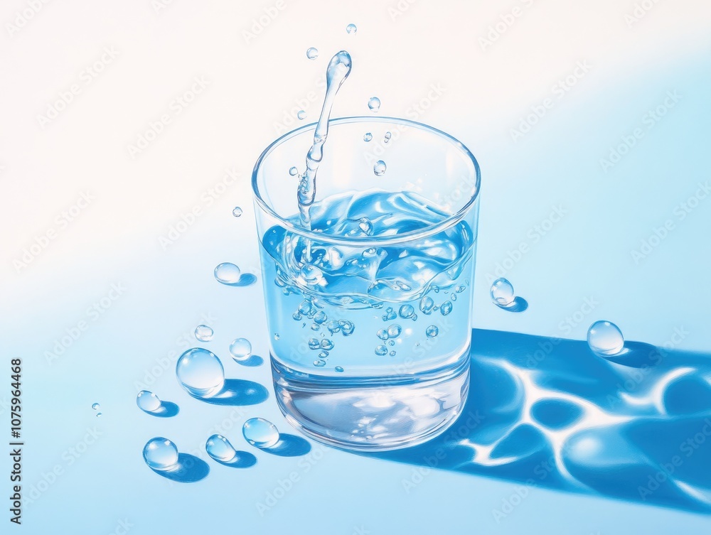 Aufkleber clear glass with water splashing and droplets on surface against soft blue background, capturing ref