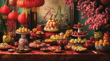 Celebrate the Chinese Lunar New Year with a vibrant scene filled with traditional decorations, such as red lanterns and intricate paper cuttings, alongside a festive feast of delicious dumplings