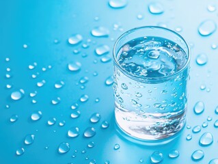 Crystal Clear Glass of Water on Vibrant Blue Background with Water Droplets Reflecting Light, Symbolizing Refreshment and Purity in Everyday Life