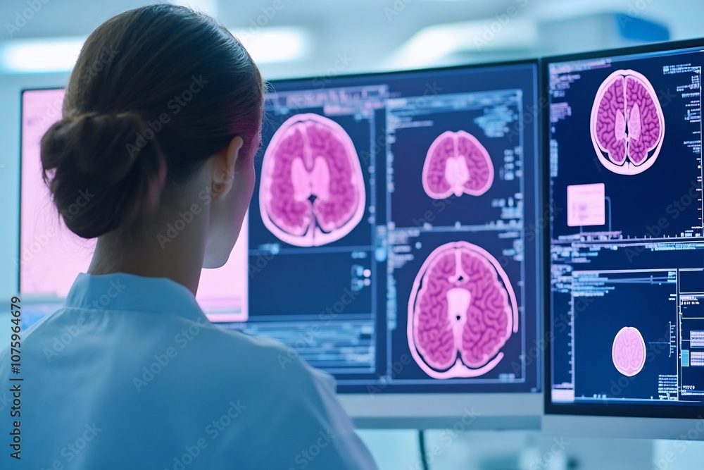 Poster medical professional examining brain scan images on multiple computer screens in a clinical setting