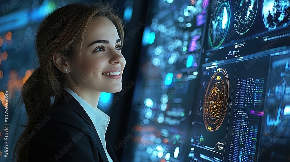 Poster young businesswoman smiling while analyzing data on a digital screen in a modern office environment 