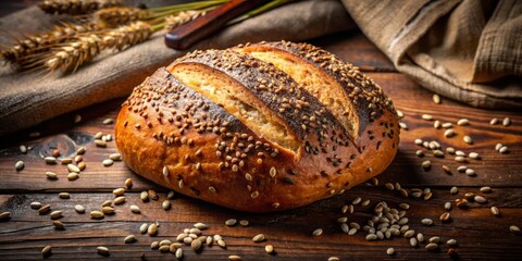 Top View of a World Champion Multigrain Bread Loaf with Sesame, Poppy, and Linseed on the Crust in Dramatic Low Light Setting, Highlighting Texture and Detail
