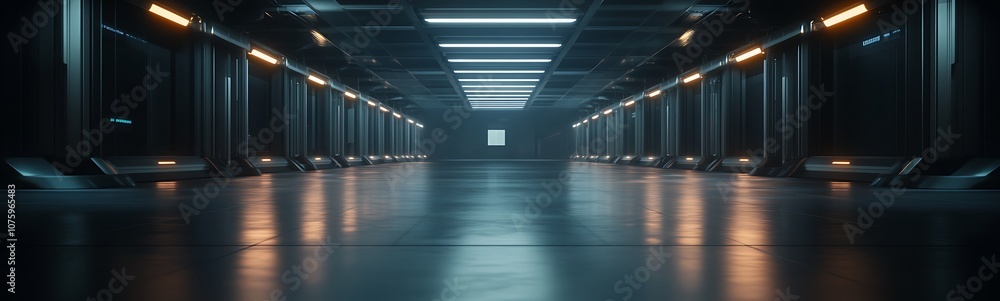 Poster a modern, futuristic corridor featuring sleek lighting and reflective flooring, creating an atmosphe