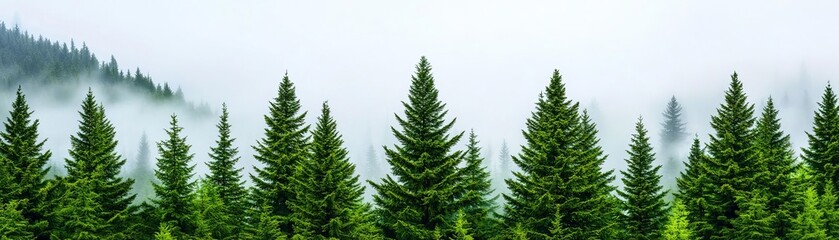 Obraz premium Enchanting mist covering a dense pine forest, with tall trees disappearing into fog, creating a surreal and mysterious landscape in soft, neutral tones