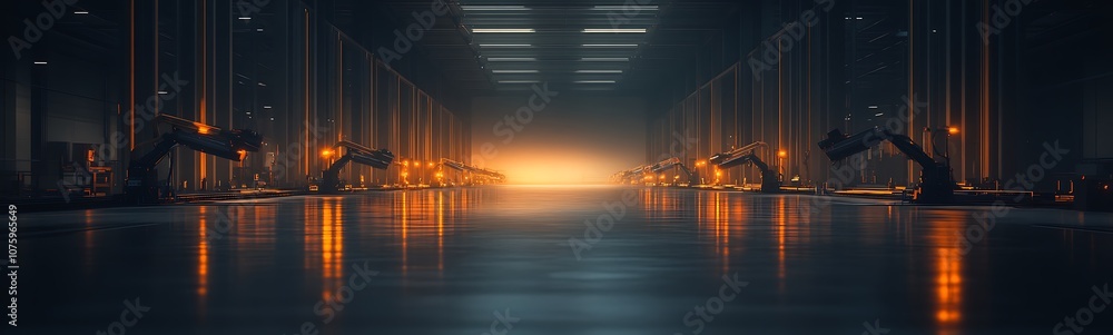 Poster An industrial scene featuring robotic arms illuminated by orange light, creating a futuristic atmosphere in a warehouse-like environment.