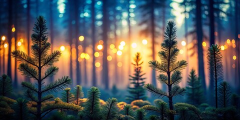 Obraz premium Tranquil Low Light Photography of Spruce Pine Trees in a Serene Forest Setting, Capturing Nature's Beauty at Dusk with Soft Shadows and Gentle Light