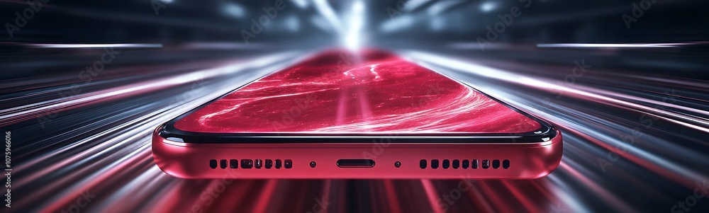 Poster a sleek red smartphone emitting light trails, symbolizing speed and technology, set against a dynami