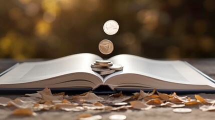 Coins falling on open book