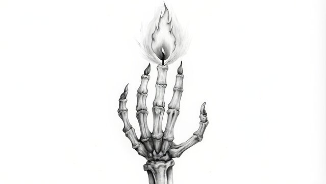 A skeletal hand holding a lit candle