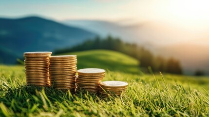 Stacks of Gold Coins on Green Grass with Blurred Mountains and Sunset, Symbolizing Wealth, Prosperity, and Financial Growth in a Natural Landscape