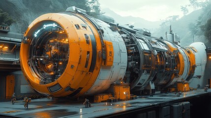 Futuristic spacecraft docked in a mountainous environment.