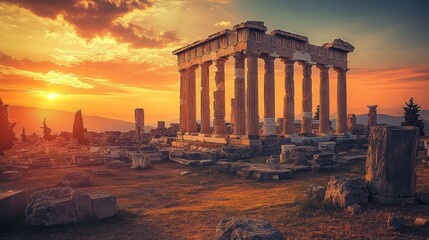 Fototapeta premium Ancient Greek Temple at Sunset