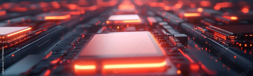 Poster A futuristic close-up view of circuit boards lit with red illumination, showcasing intricate technology and electronic components.