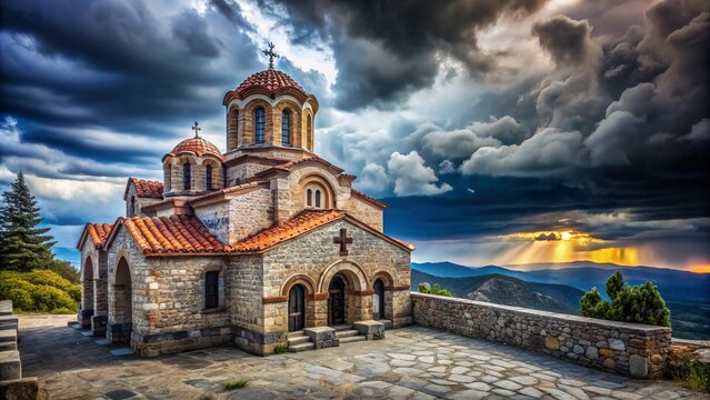 Unique Architecture of Church of Agia Foteini in Mantineia, Greece - A Stunning Blend of Byzantine Elements and Unconventional Design Under Dramatic Dark Cloud Skies