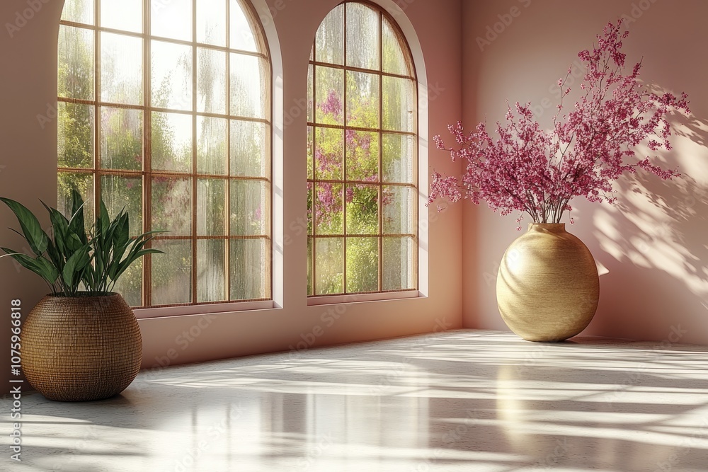 Poster sunlight streams through windows in a pink room, casting shadows on the floor. this image can be use