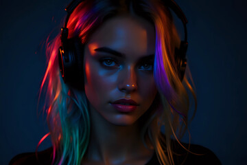 Edgy Studio Portrait of a 20 Year Old European Woman with Colorful Hair and Headphones in a Dark Mood