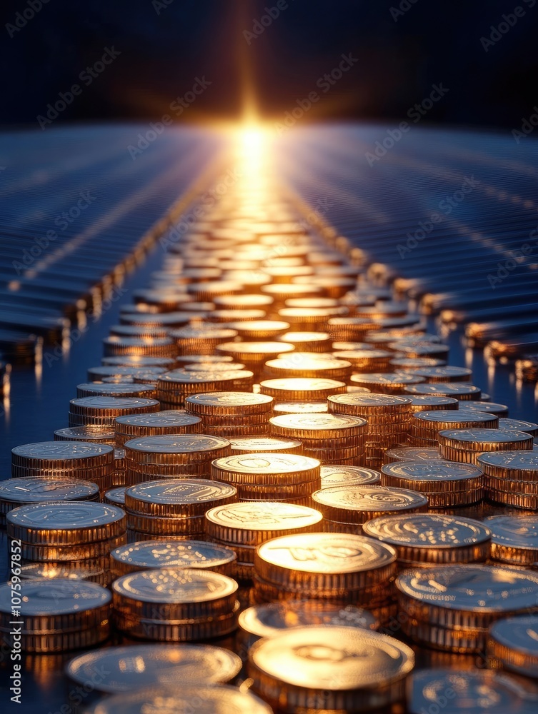 Poster golden coins reflecting light on table, creating a beautiful and glowing pathway leading towards a b