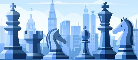 Fototapeta premium Chess pieces stand prominently in blue hues, set before a vibrant city skyline, symbolizing intellect amidst urban dynamism