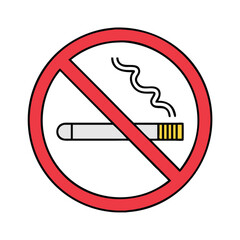 No smoking sign icon with cigarette, Vector illustration of a no smoking sign featuring a crossed-out cigarette inside a red circle, indicating a smoke-free area.
