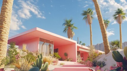 Classic pink Palm Springs house with an iconic design, desert plants, and tall palms reaching toward the sky.