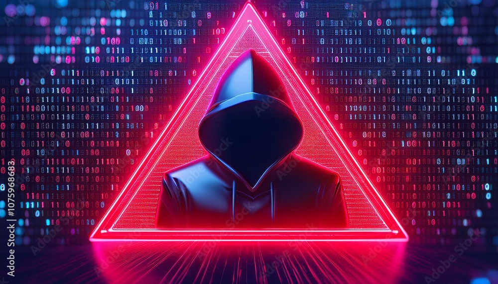 Poster cybersecurity threat: a hooded figure stands silhouetted within a glowing red triangle, a stark warn