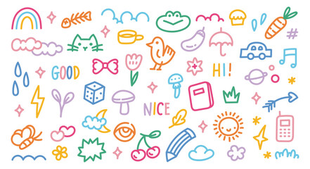 Colorful Hand-Drawn Doodle Icons | Fun and Random Line Art Collection of Everyday Objects and Symbols | Vector Set for Kids, Lifestyle, and Creative Design Projects
