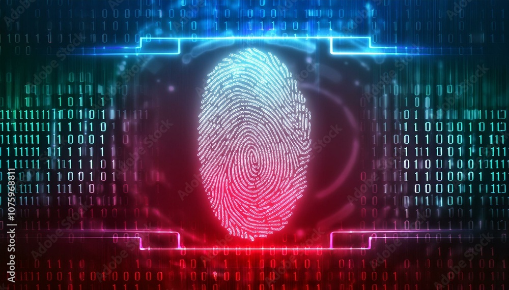 Poster cyber security: a fingerprint scan, illuminated in vibrant hues, stands as a symbol of digital secur