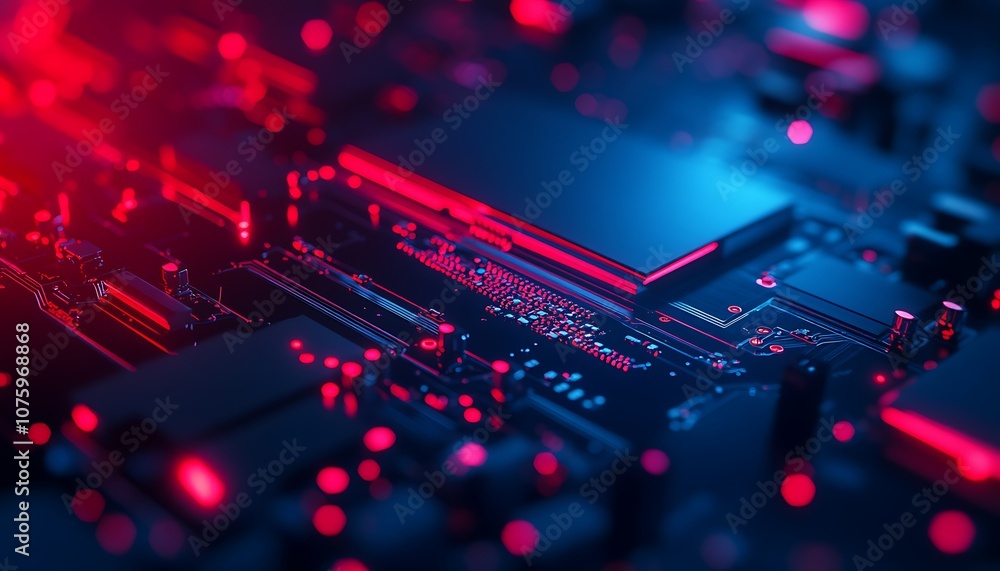 Poster a close-up view of a circuit board with a futuristic aesthetic, illuminated by glowing red and blue 